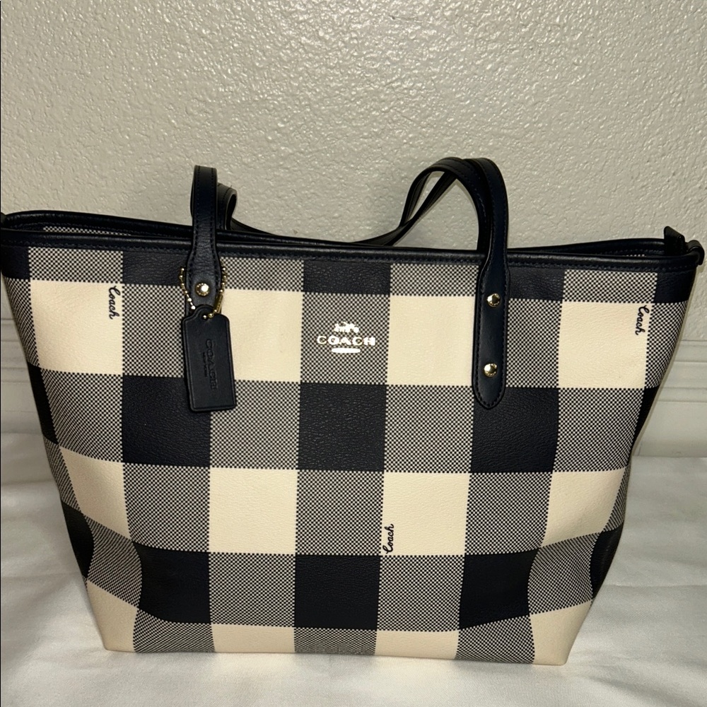 Coach Navy Blue and Cream Checkered Tote